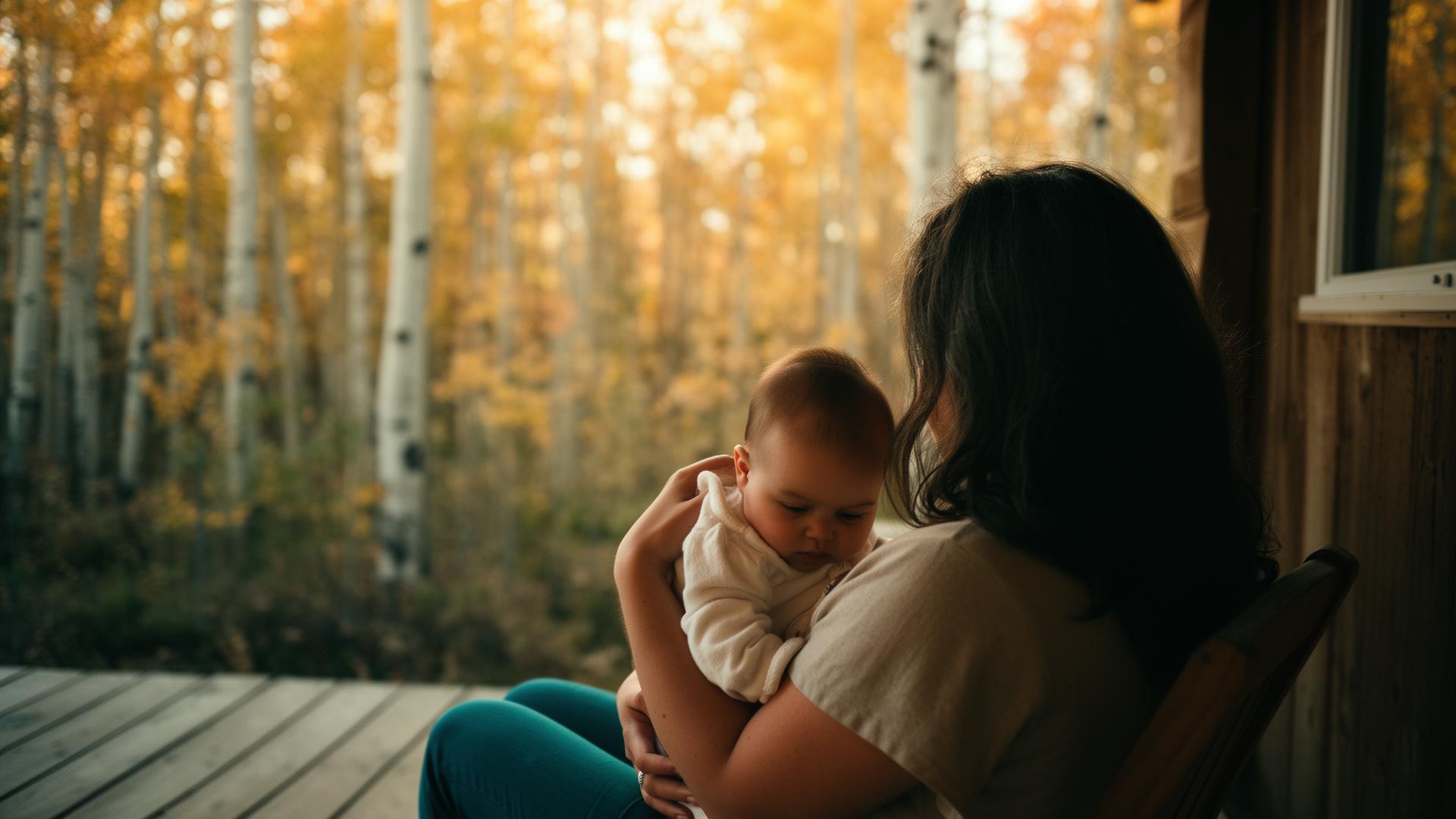 A parent holding their child on a porch overlooking aspens in golden light