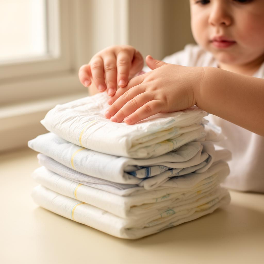 A child's hands resting on a stack of diapers