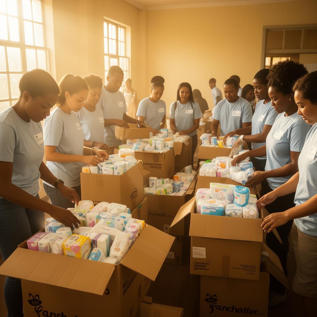 Volunteers packing donation boxes in a sunlit room